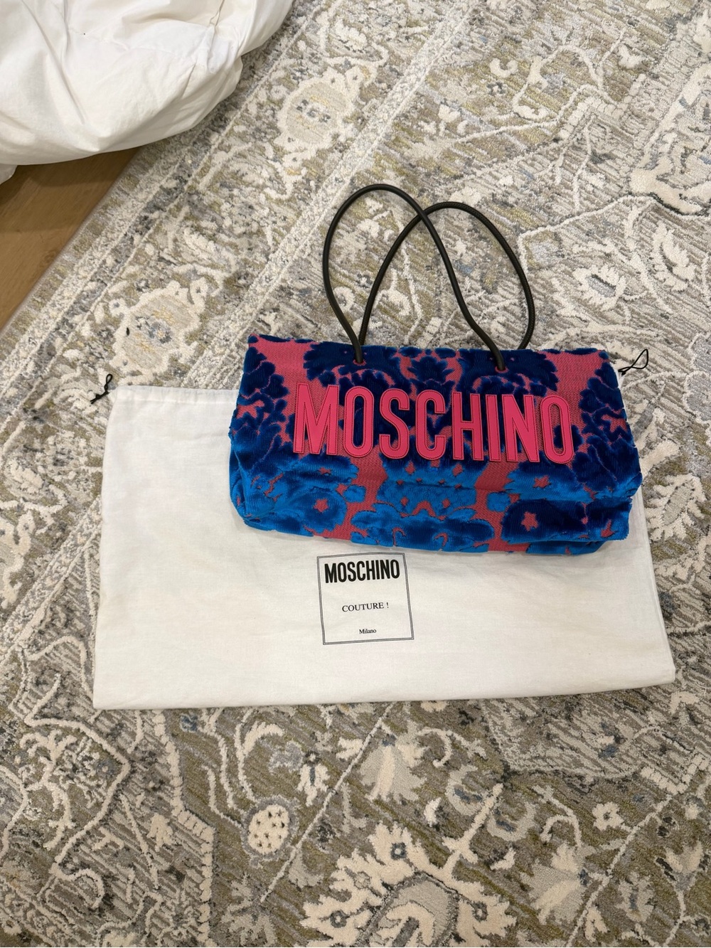 Moschino Pink & Blue Velvet Logo Shoulder Bag